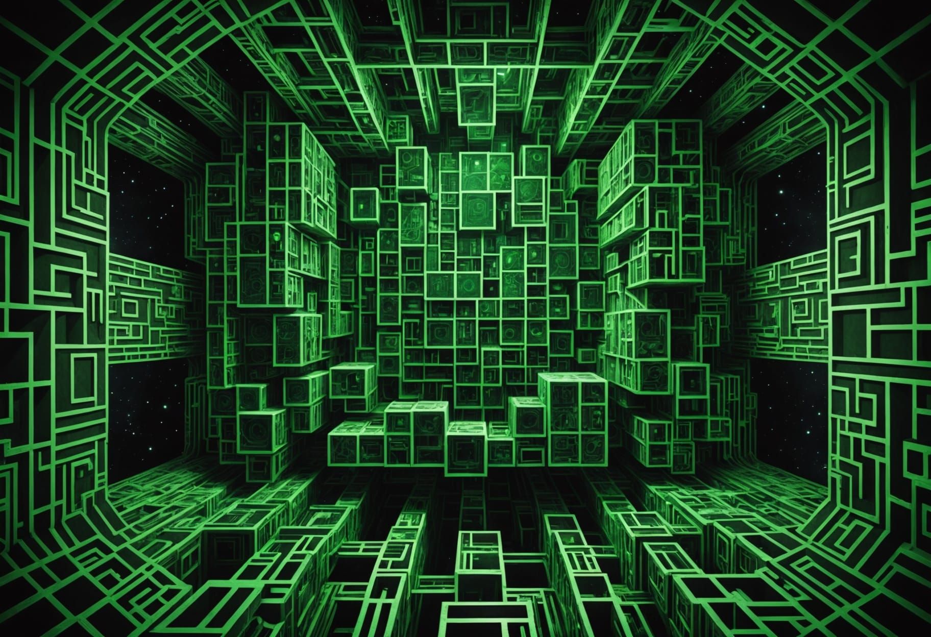  An open and expanding geometric layout of perfect cubes of varying sizes stretching back out into the cosmos. Each cube an interconnected m...