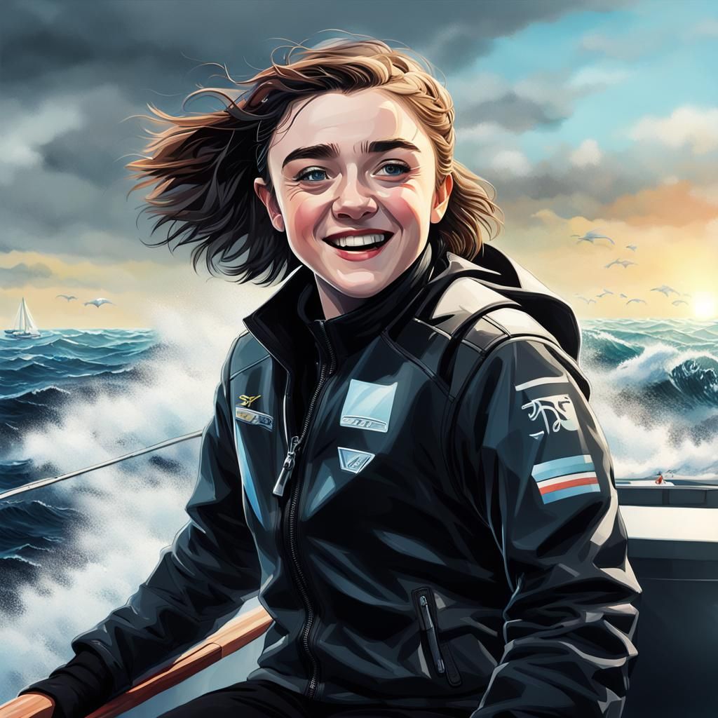 Maisie Williams, as a racing sailor, on her racing catamaran...