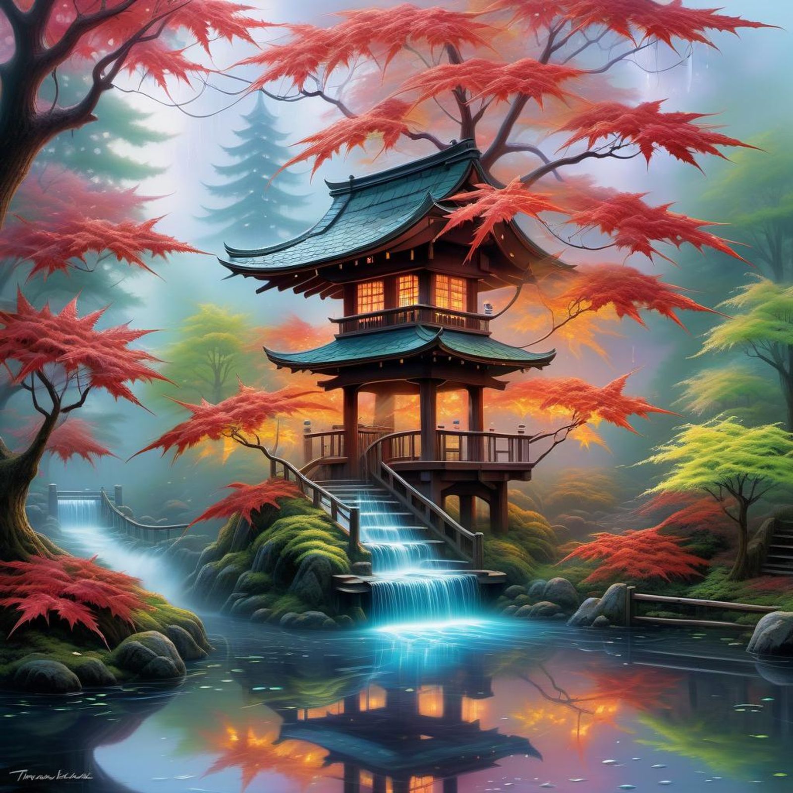 Japanese maple tree with neon leaves and power cord vines plugged into