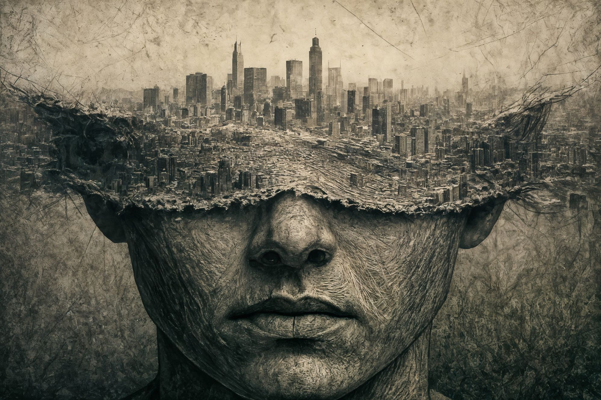 A surreal digital image of  a person with a blindfold with frayed and decaying edges stretched across their eyes, covering the eyes with a s...