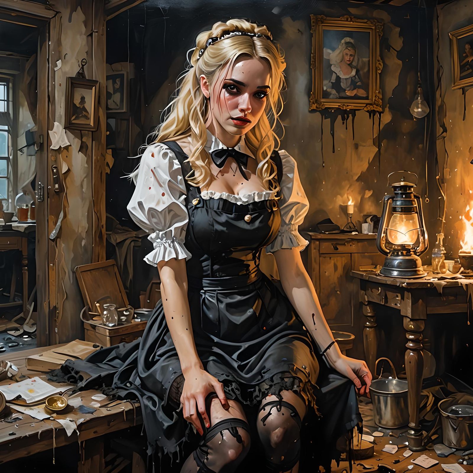 a hyper-detailed acrylic painting of a beautiful blonde girl dressed as a  maid in an old, torn, tight dress, fishnet stockings, with makeup... - AI  Generated Artwork - NightCafe Creator