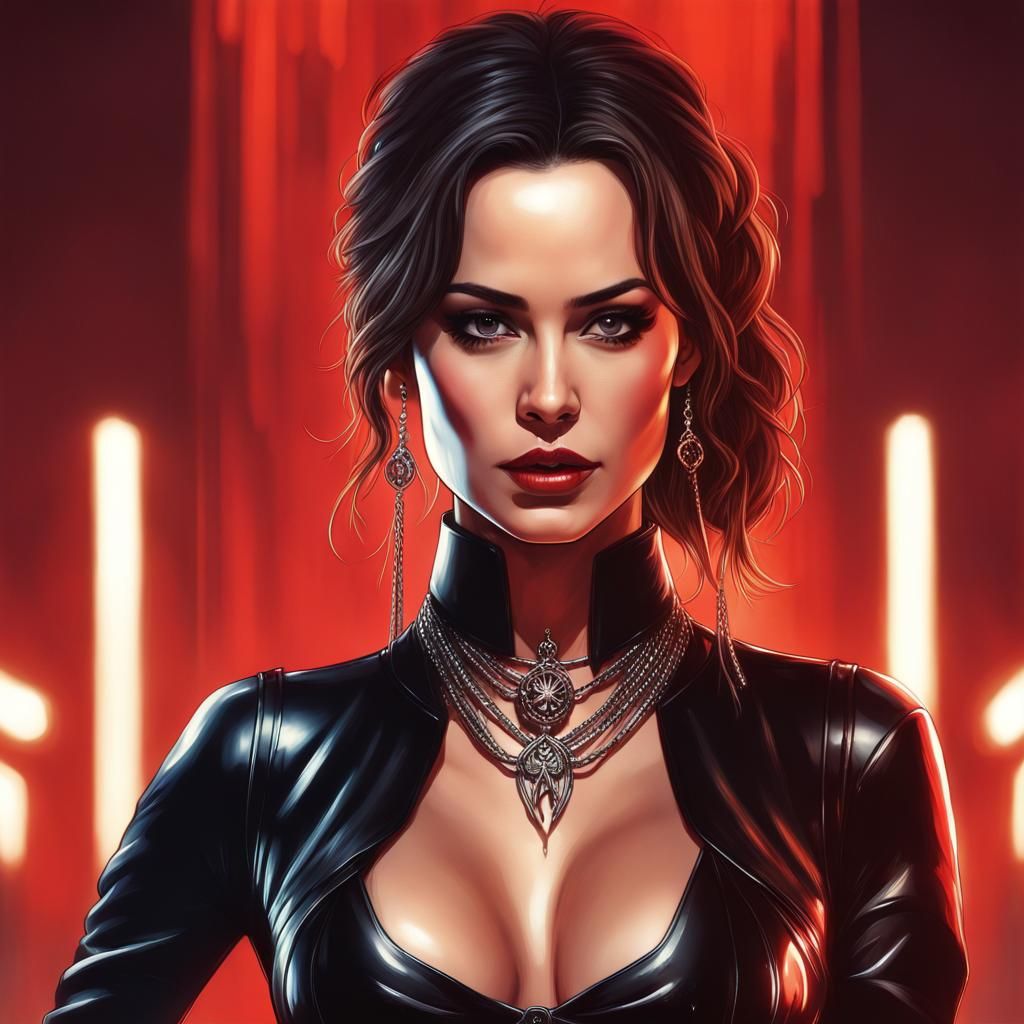 Bérénice Marlohe with long hair in ponytail, wearing a fiery red latex corset and shiny black