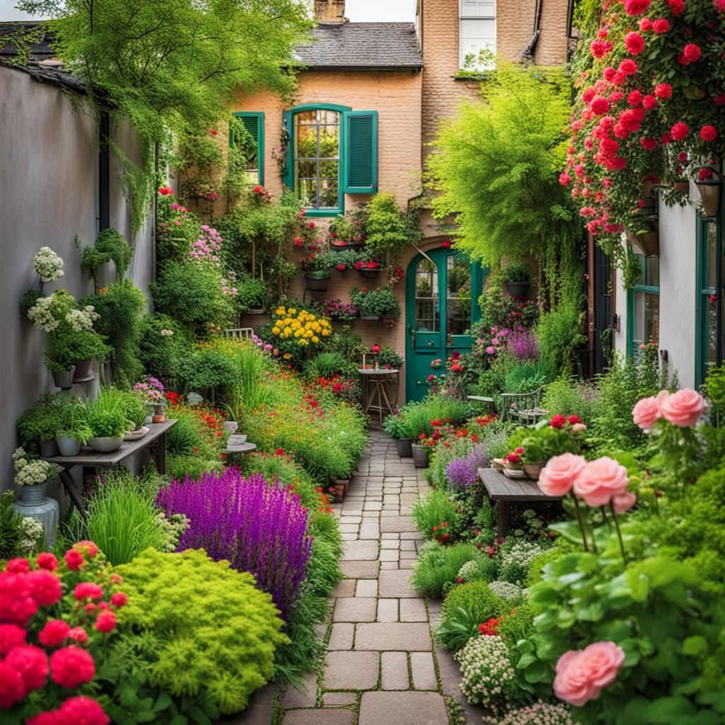 Vibrant urban garden. Lush greenery. Vivid flowers quaint atmosphere