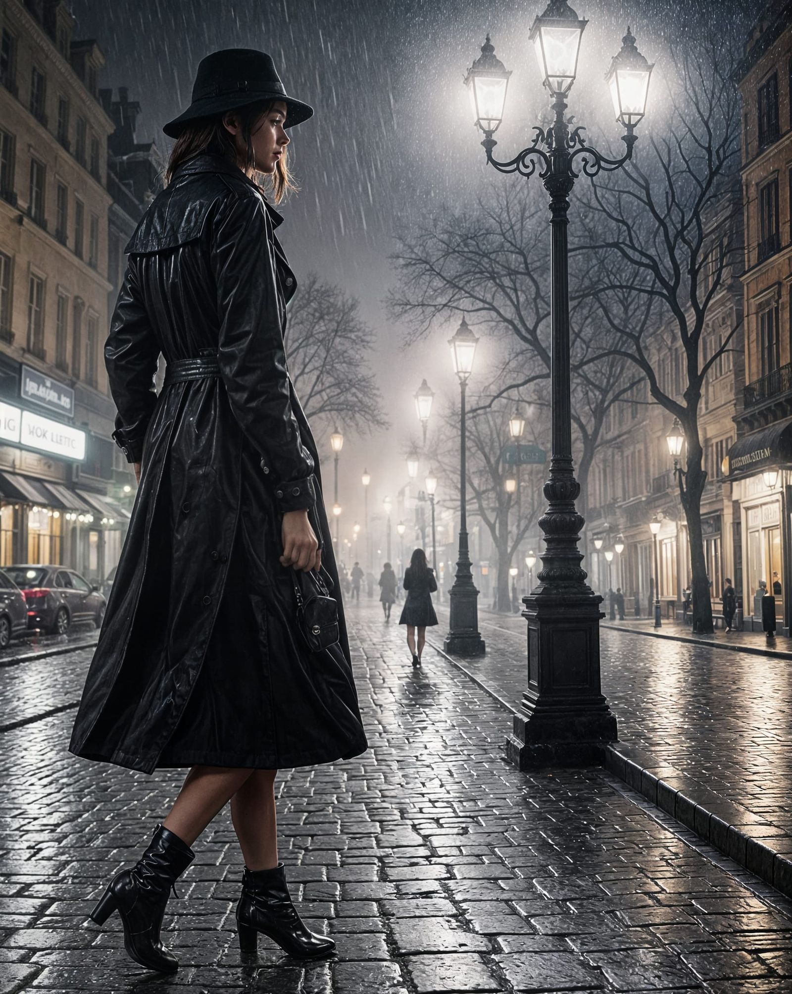 Woman walking on wet cobblestone at night, street lights are...
