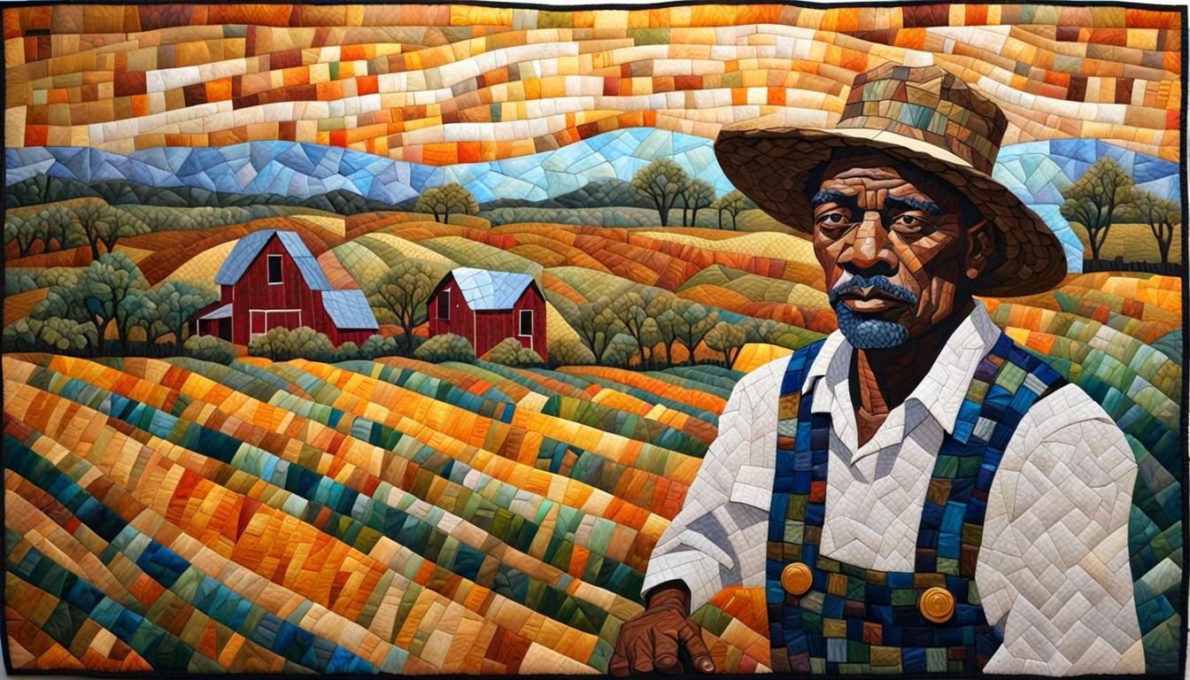 portrait. Farmer Art Nuevo. Batik.  quilted FABRIC mosaic , cubism  expressionism WOVEN TEXTURED COLLAGE ...  by @HGB