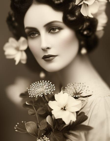 "old postcard “Beautiful fashion lynda carter with flowers”, face, eyes, Intricate dress, in the early ...  by @Bruno Riviere