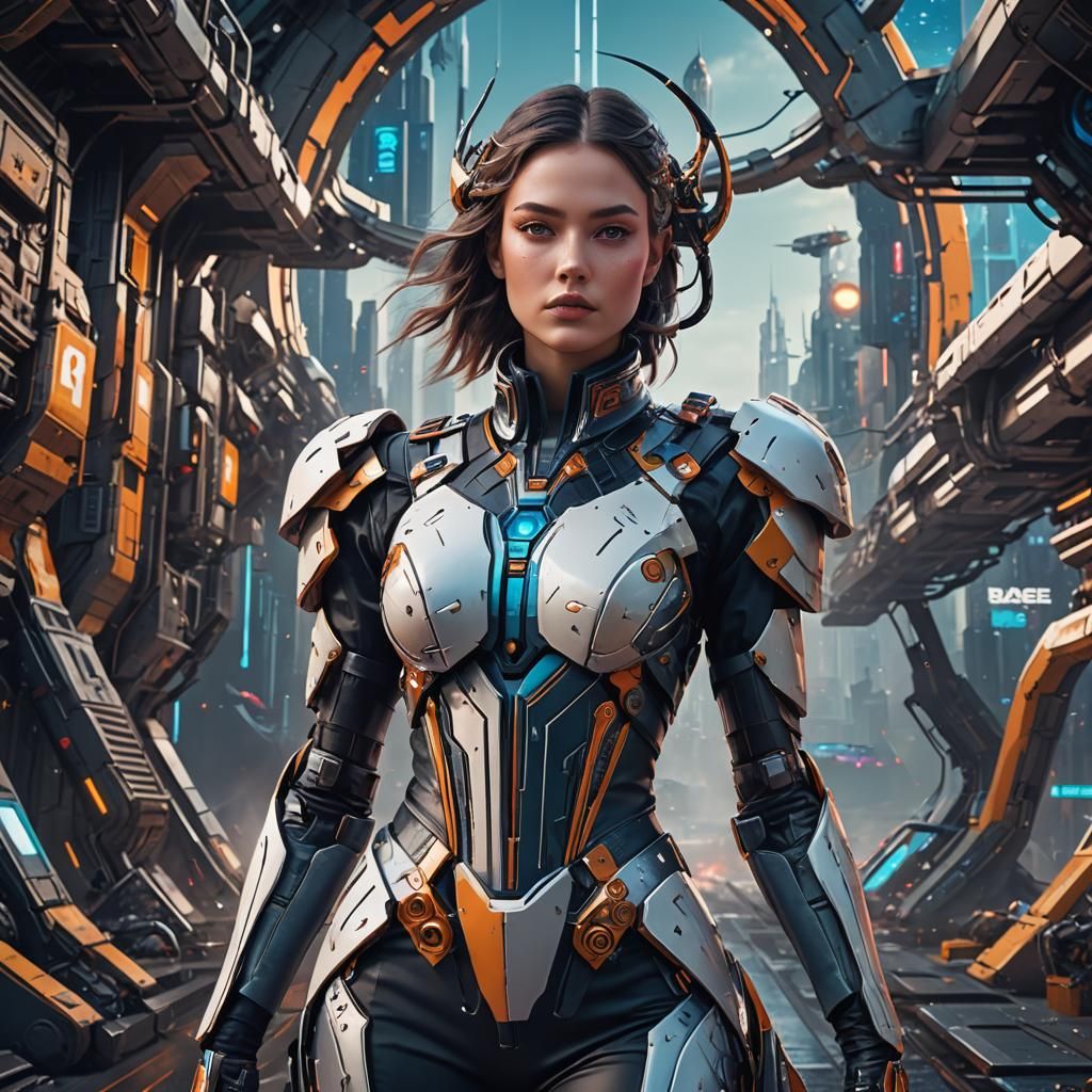 Bold fashion magazine cover featuring a model in a futuristi...