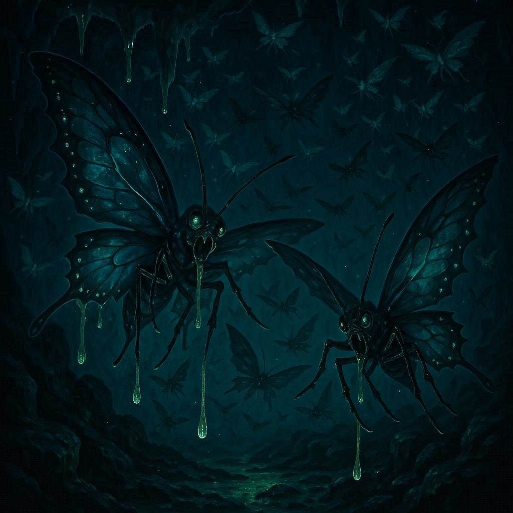 otherworldly Poisonous cavern butterflies with bioluminescen...