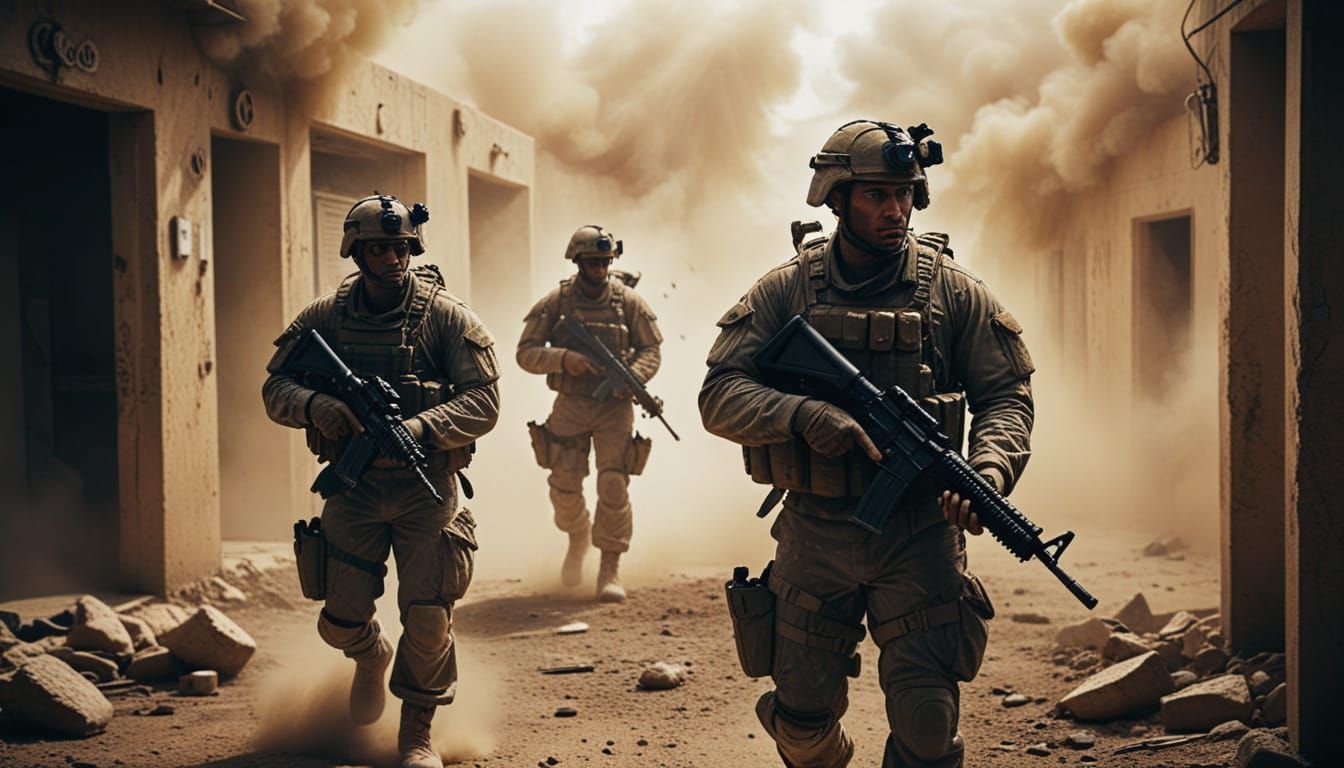 Room clearing in Fallujah. US soldiers going room-by-room looking for insurgents. Slow is smooth, smooth is fast. guns to their shoulders, w...