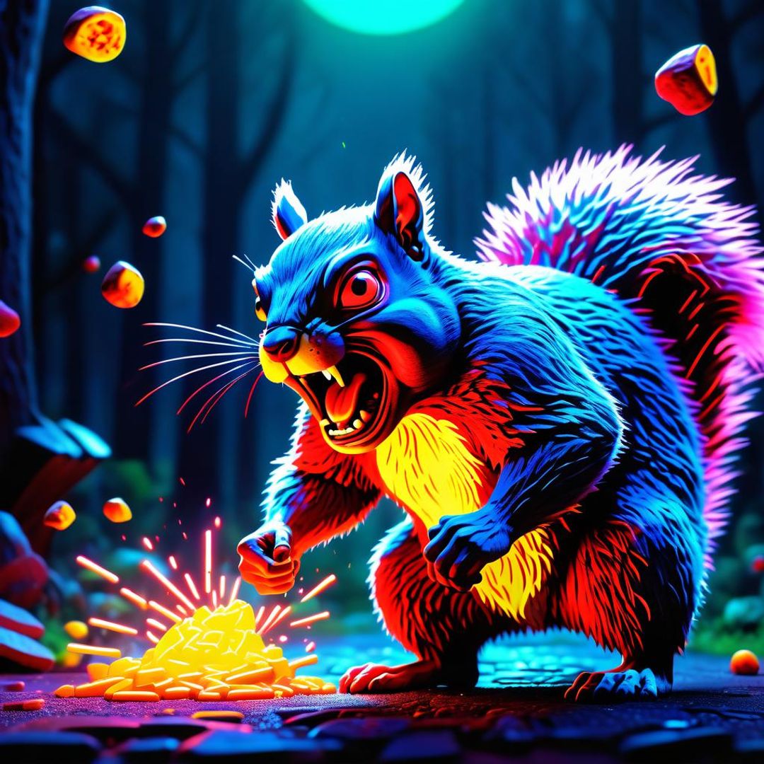 Glowing Neon Horror, angry squirrel attack, ghibli, detailed volumetric