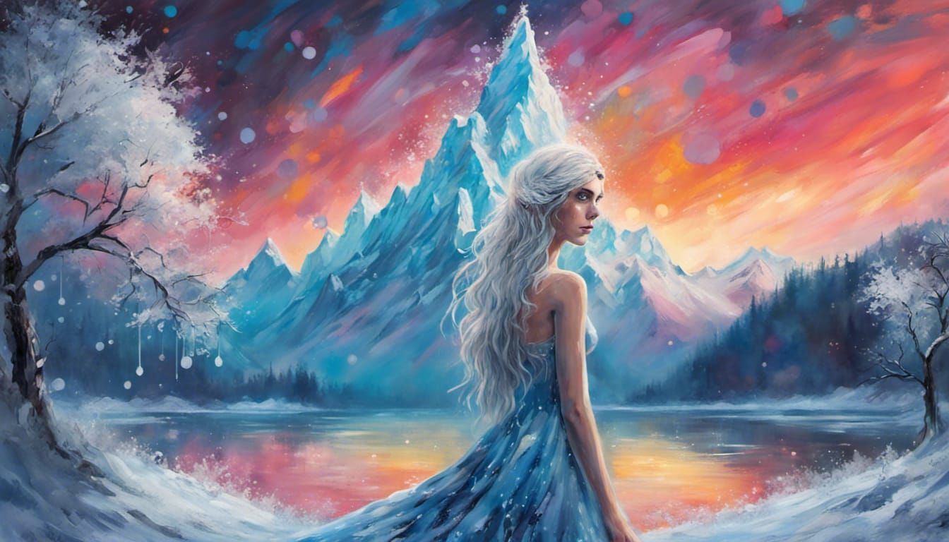 A whimsical frost princess with very melancholy eyes looking...