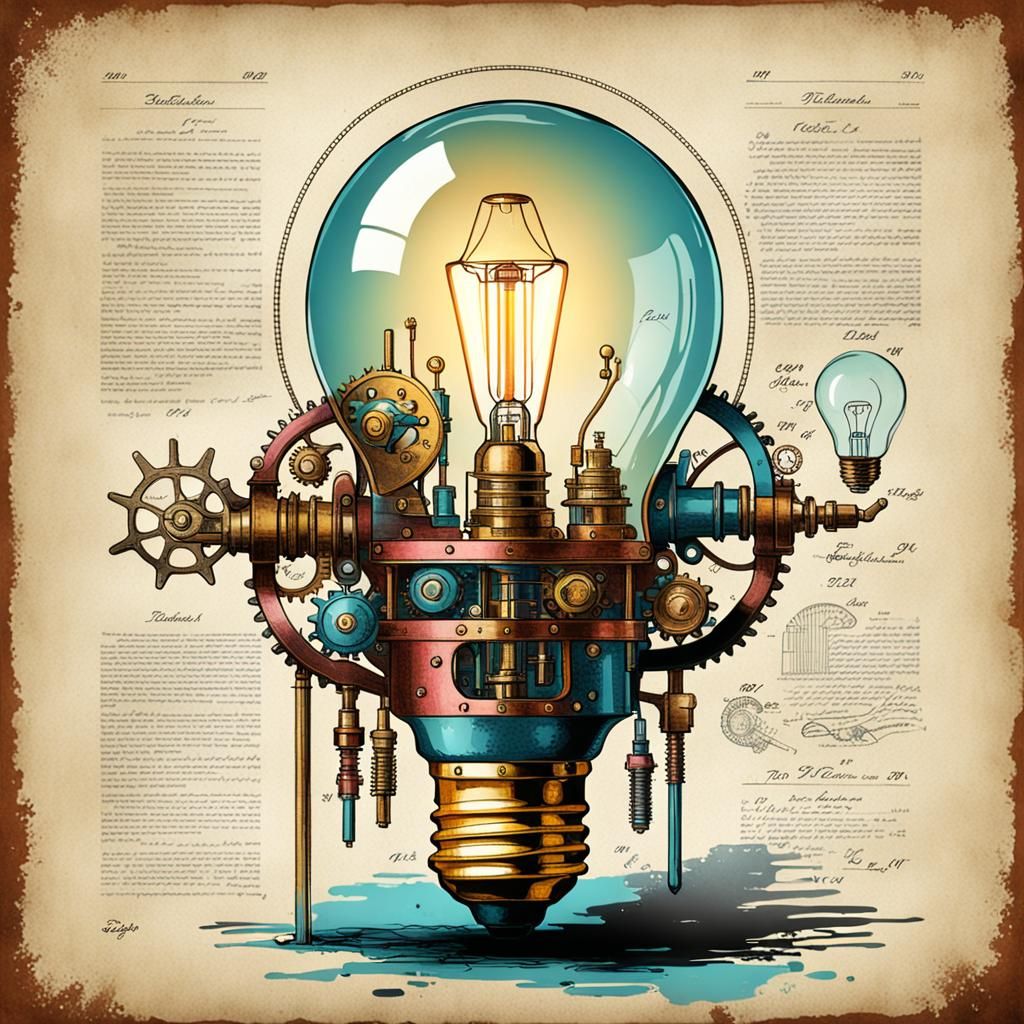 Patent Drawing Steampunk Lightbulb Technicolor  by @Maiza