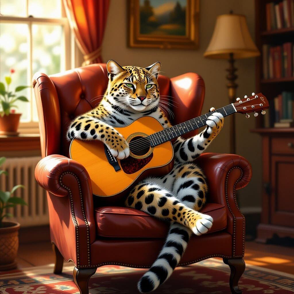 Leopard Guitarist in Nostalgic Digital Painting