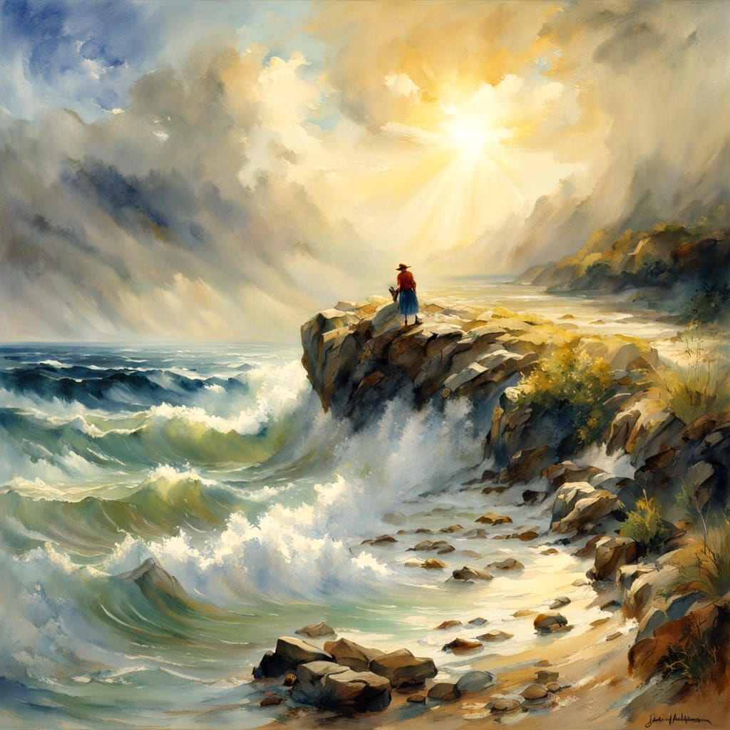 a beach on a windy day. Close up of bare footprints in the sand being washed away by the waves. Woman sitting on rocks at water edge, jeans ...