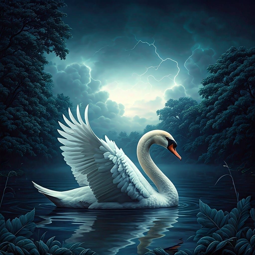 Mystical Swan in Stormy Landscape: Surreal Digital Art