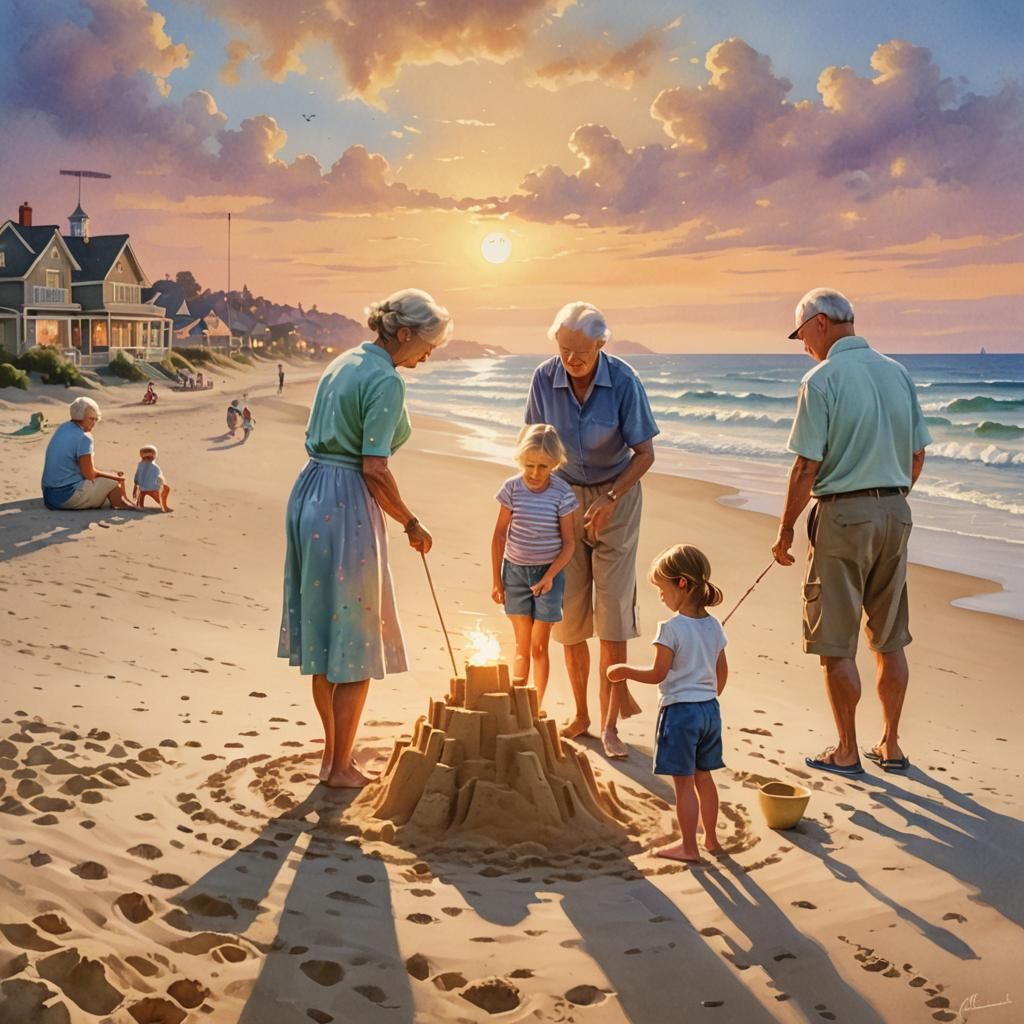 Oma Opa Papa und die Kinder am Strand
