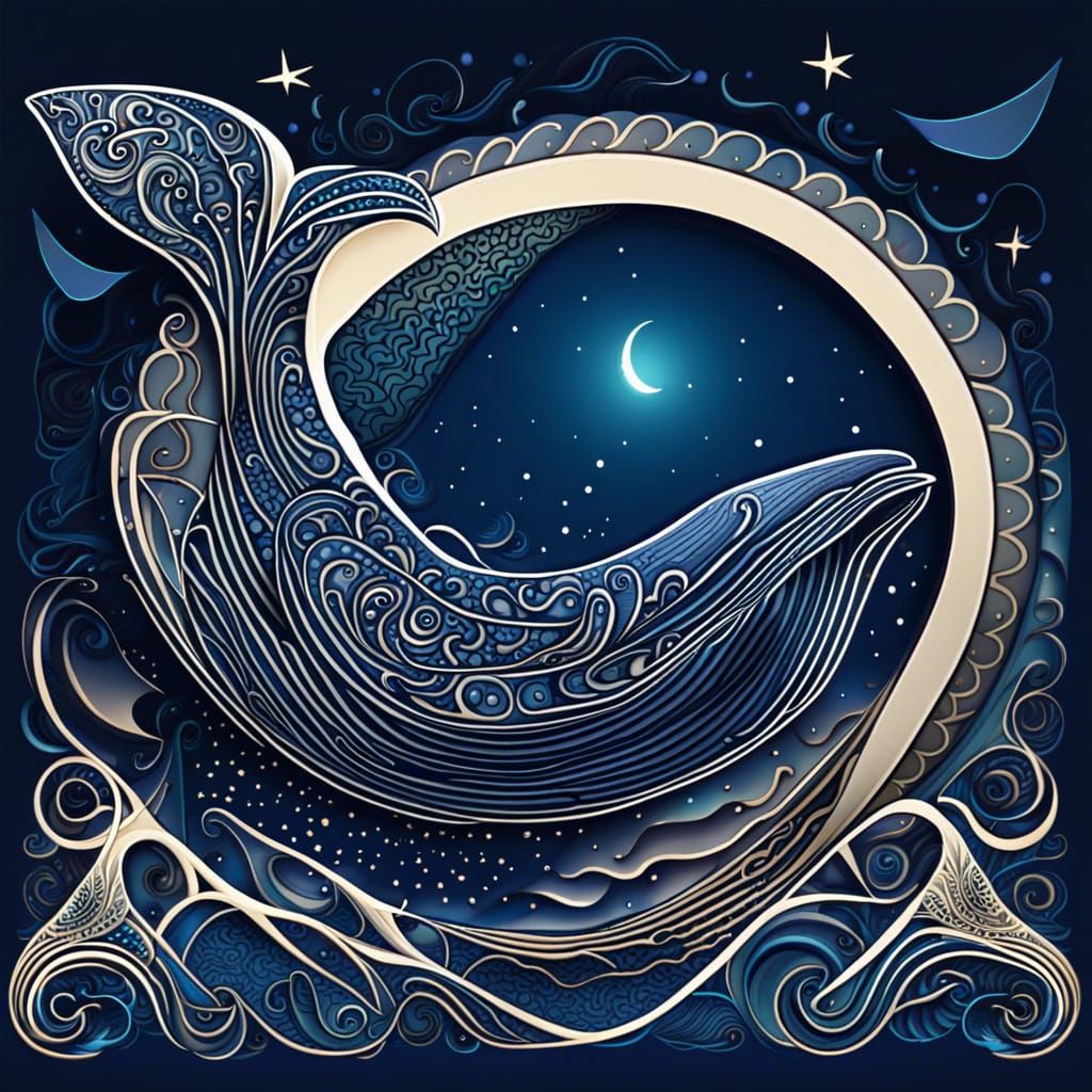 whale, crescent moon, ocean, night, art nouveau