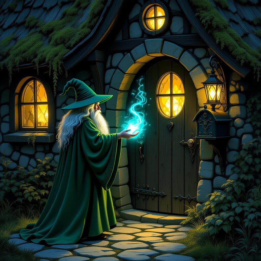 A wizard in his green robe stands in the doorway of his cottage as his floating mage hand retrieves the mail from his mailbox.