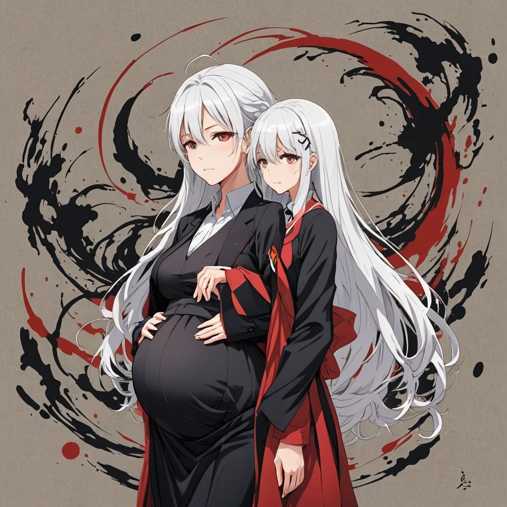 pregnant anime teacher with white hair and black and red clo...