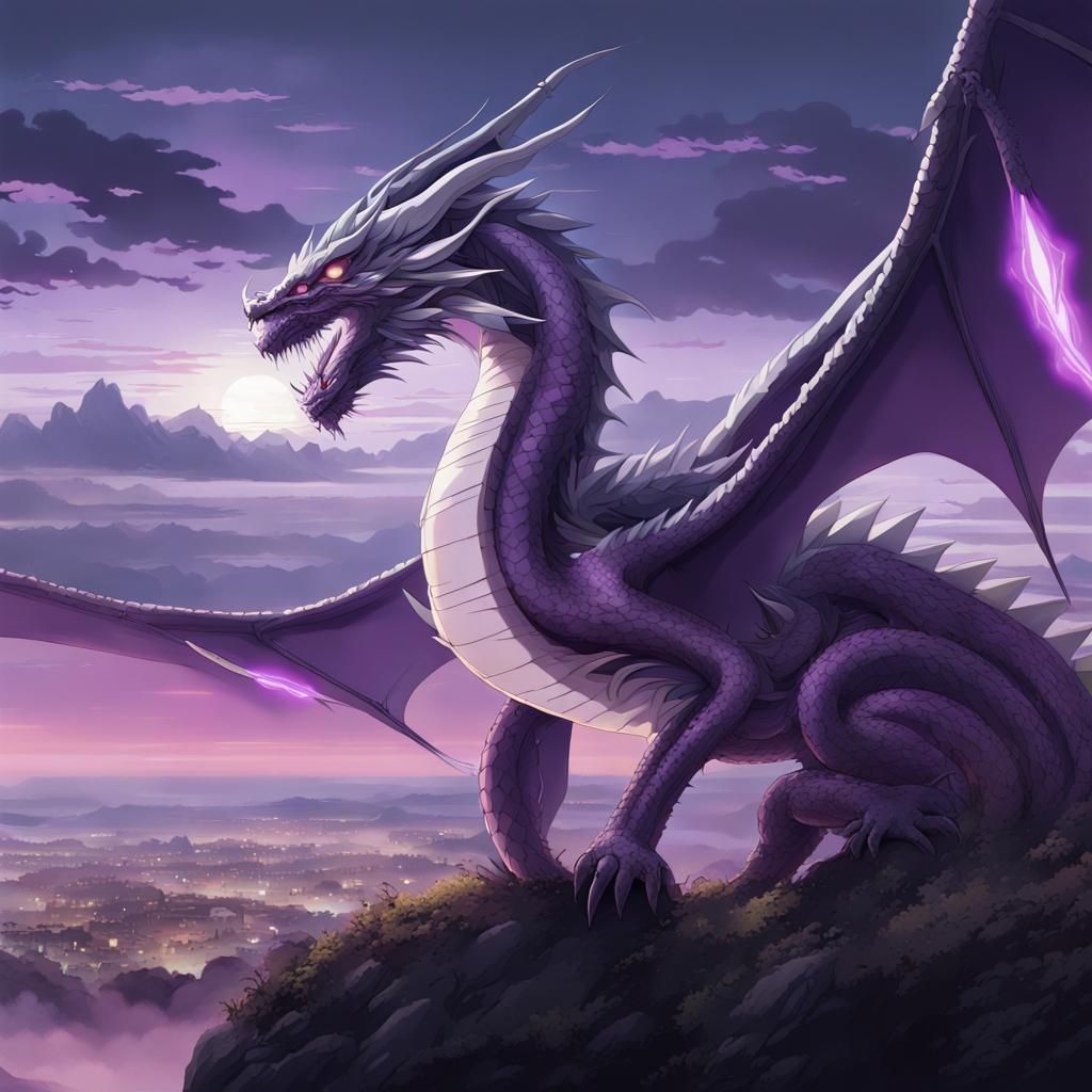 purple, gray and white dragon, glowing purple eyes, war background - AI ...