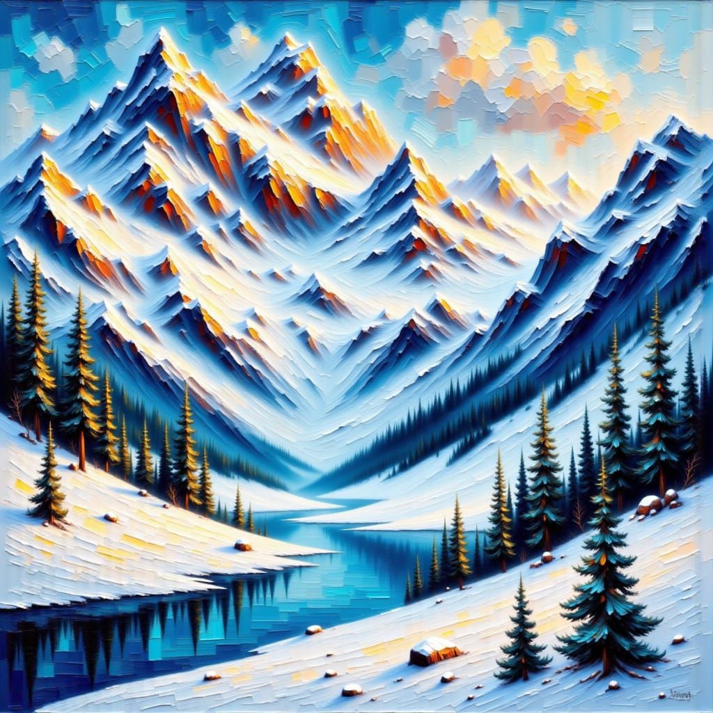 <lora:Impasto 1-01:1.0> textured impasto oil painting of mountain landscape in winter