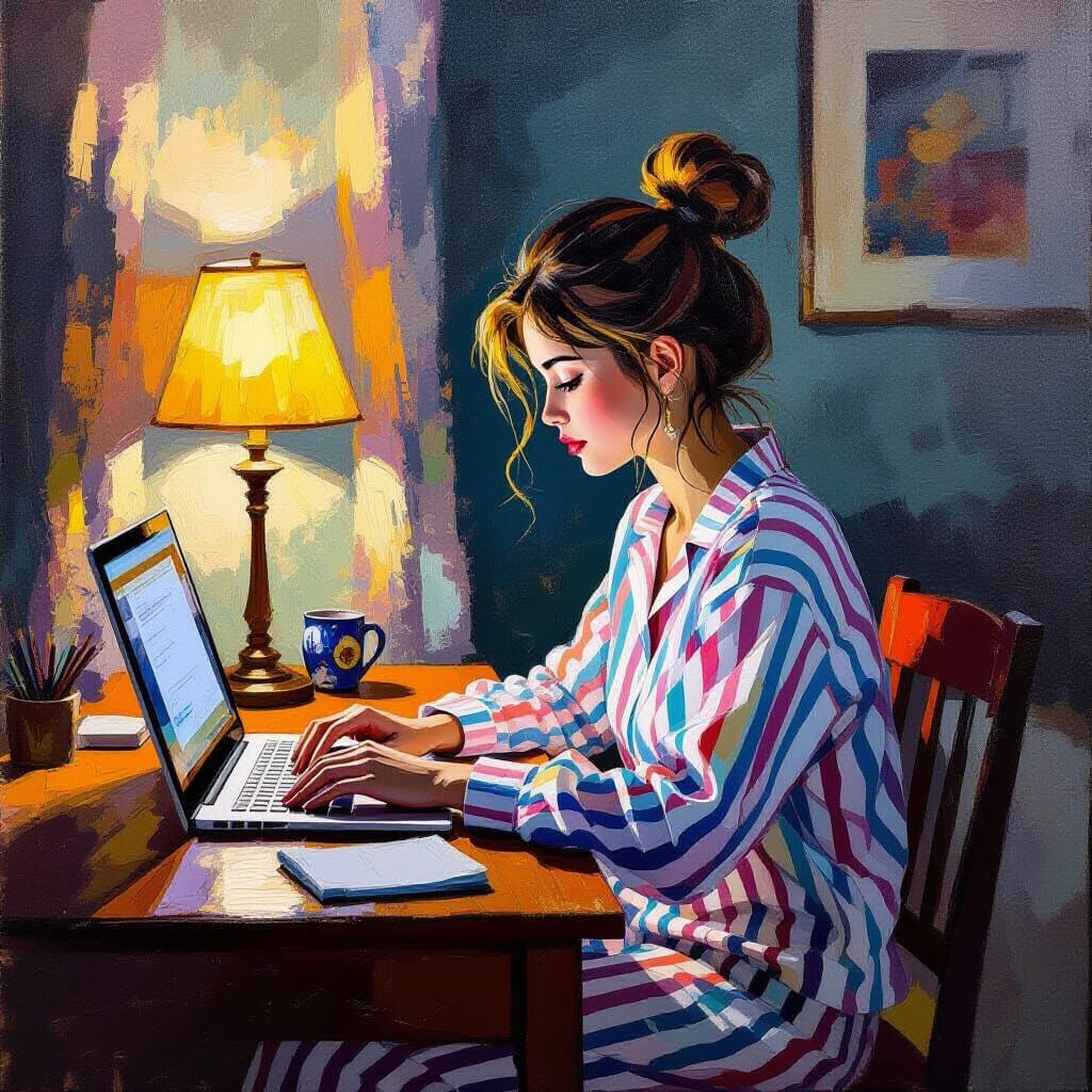 A painting of a girl attending an online class in her bedroom in her pyjamas
