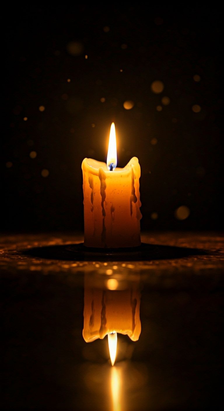 “Candle of the Soul”
A single candle burning gently in the darkness, its flame reflected in a pool of still water below. The air glows softl...