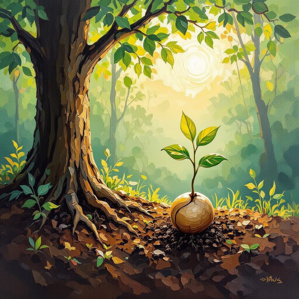 Majestic Tree Emerges from Tiny Seed in Oil Painting