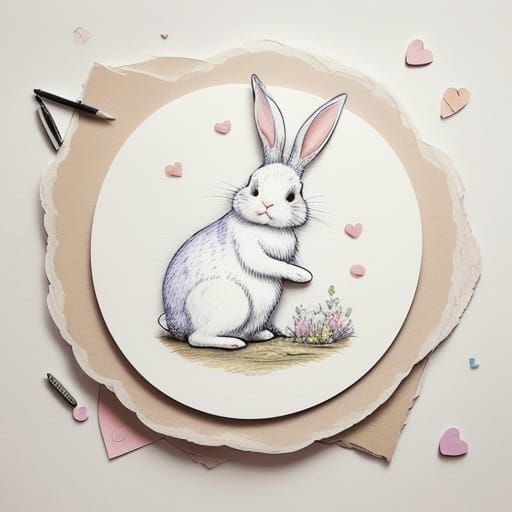 Adorable Rabbit Drawing a Heart in Whimsical Children's Styl...
