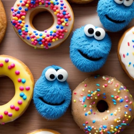 A group of donuts look a like cookie monster