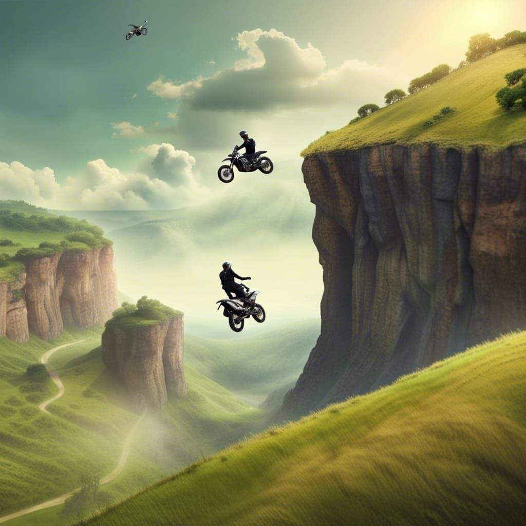 Motorcycle Jumps Between Cliffs in Realistic Style
