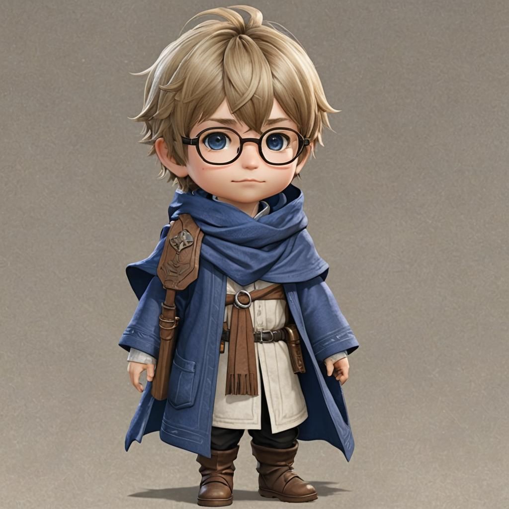 Final Fantasy XIV male Lalafell  with round glasses, a mustache, blonde-brown hair, Blue cashmere poncho