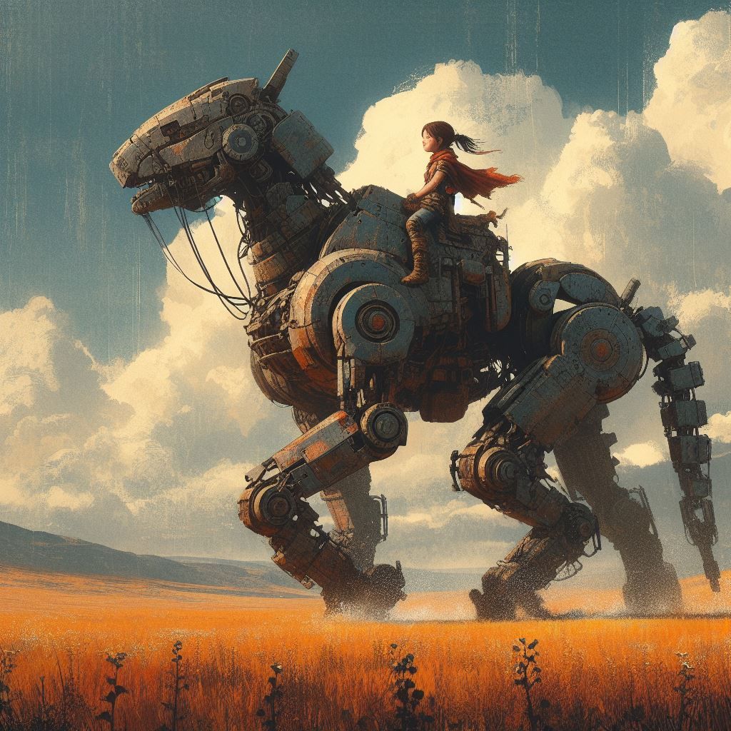 Little girl rides her quadrupedal robot