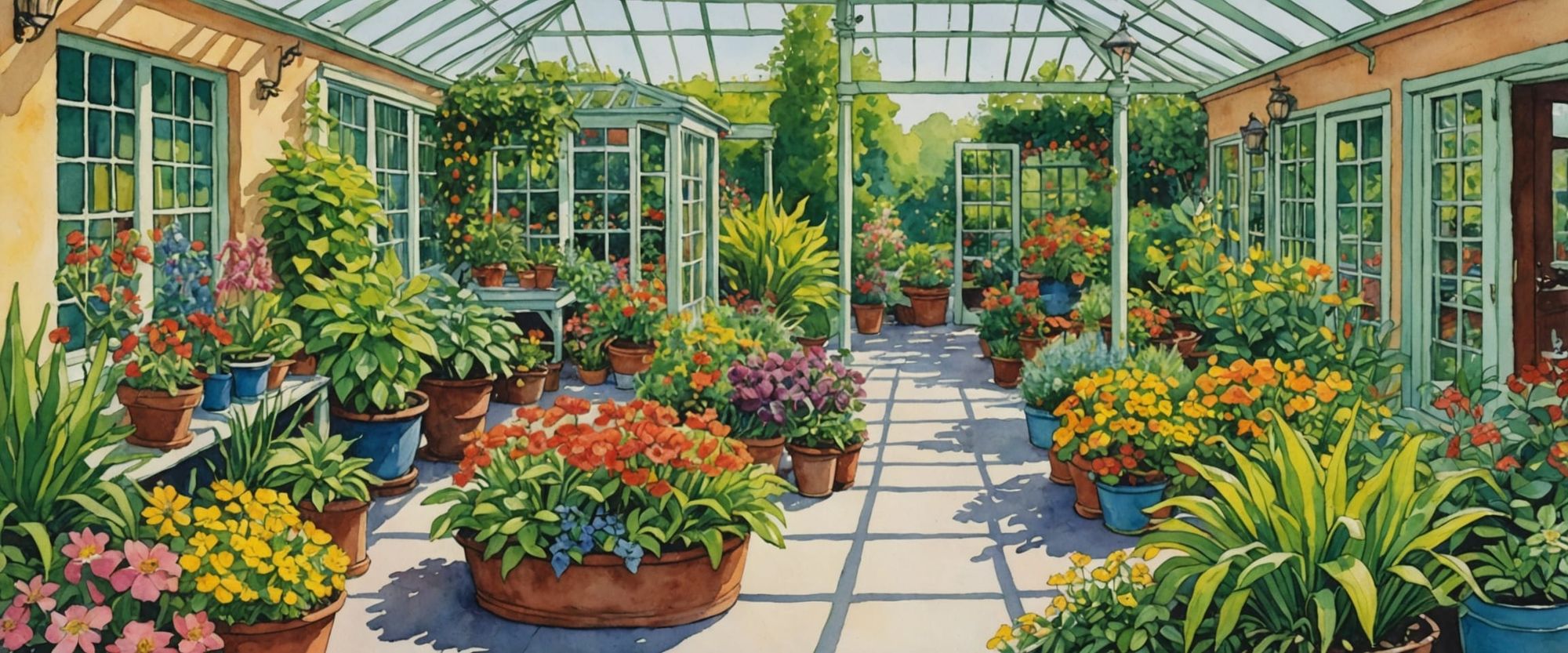 plants for sale at the garden shop, flowers, plants, vines, ferns, trees, garden trellis, gazebo, mulch paths, bright, cheerful, clean, late...