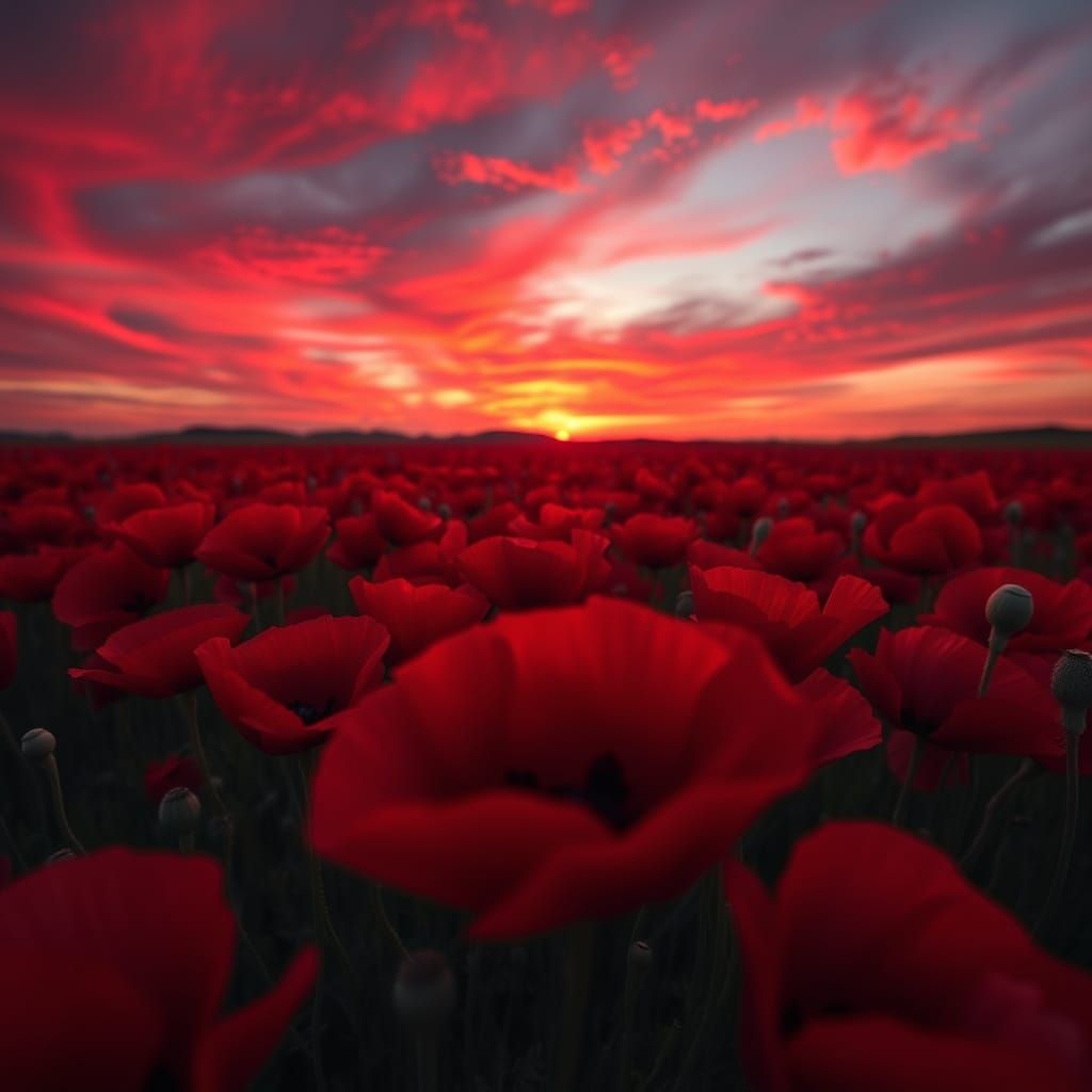 Crimson Poppy Field at Sunset in Hyper-Realistic Style