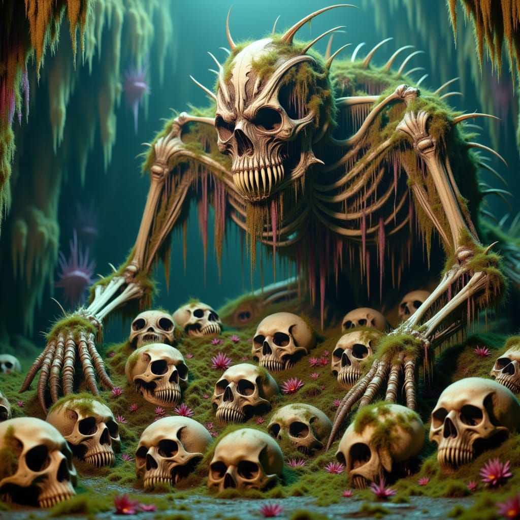 giant skeleton monster <lora:Sharp teeth:1.0> Sitting around a pile of moss encrusted skulls. Triadic colors.