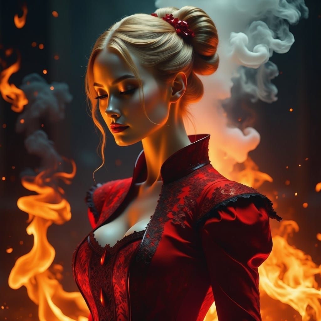 <lora:Made from fire 2:1.0>;  intricate patterns; hyperrealistic beautiful  blonde hair in a bun with curly strands; extreme close up girl f...