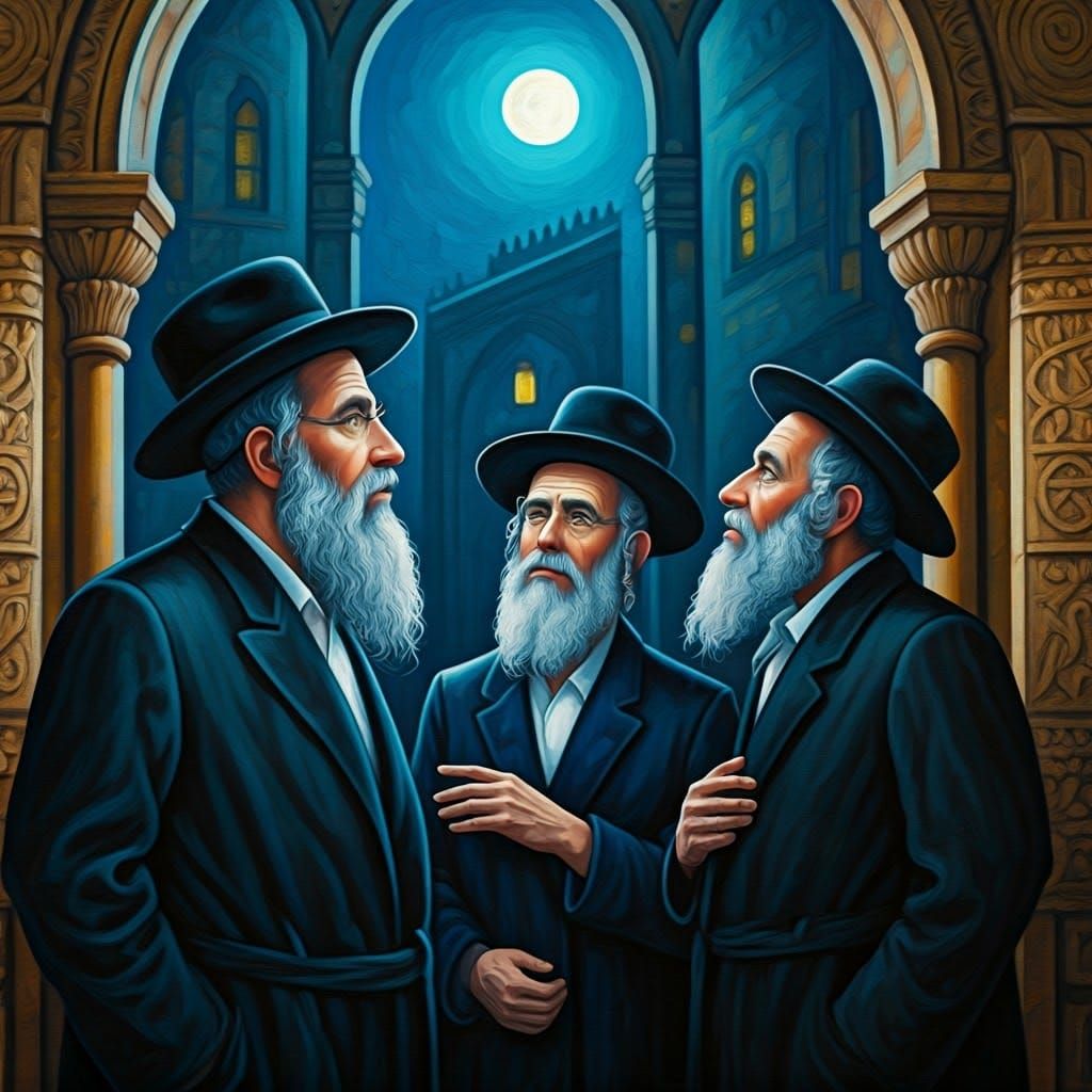 Jewish Men Observing Moon in Chagall Style