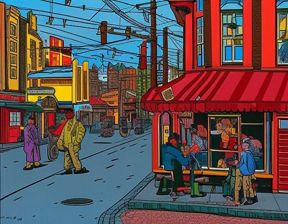 Mr. Natural street scene, Happy, insanely detailed, ink outline cel ...