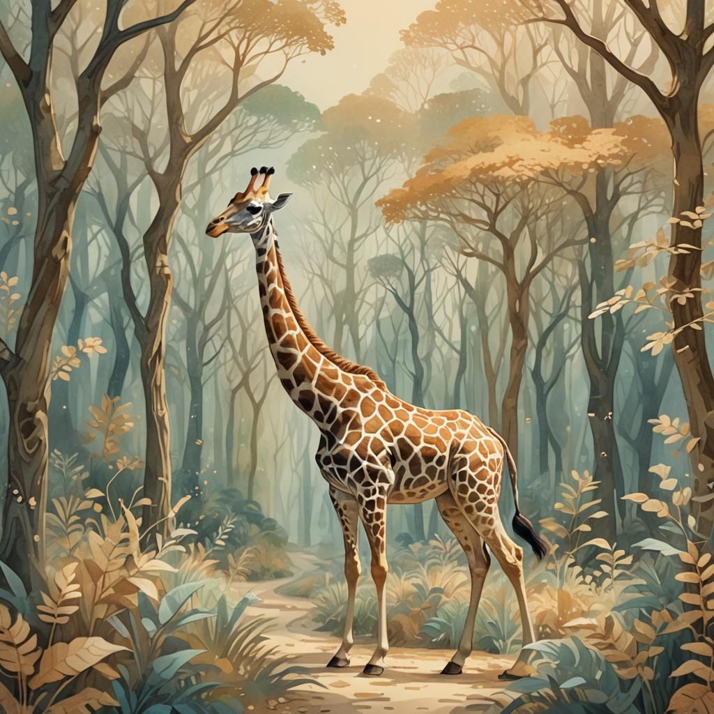 A serene giraffe wandering through a magical forest.  by @Ethan Ikediashi