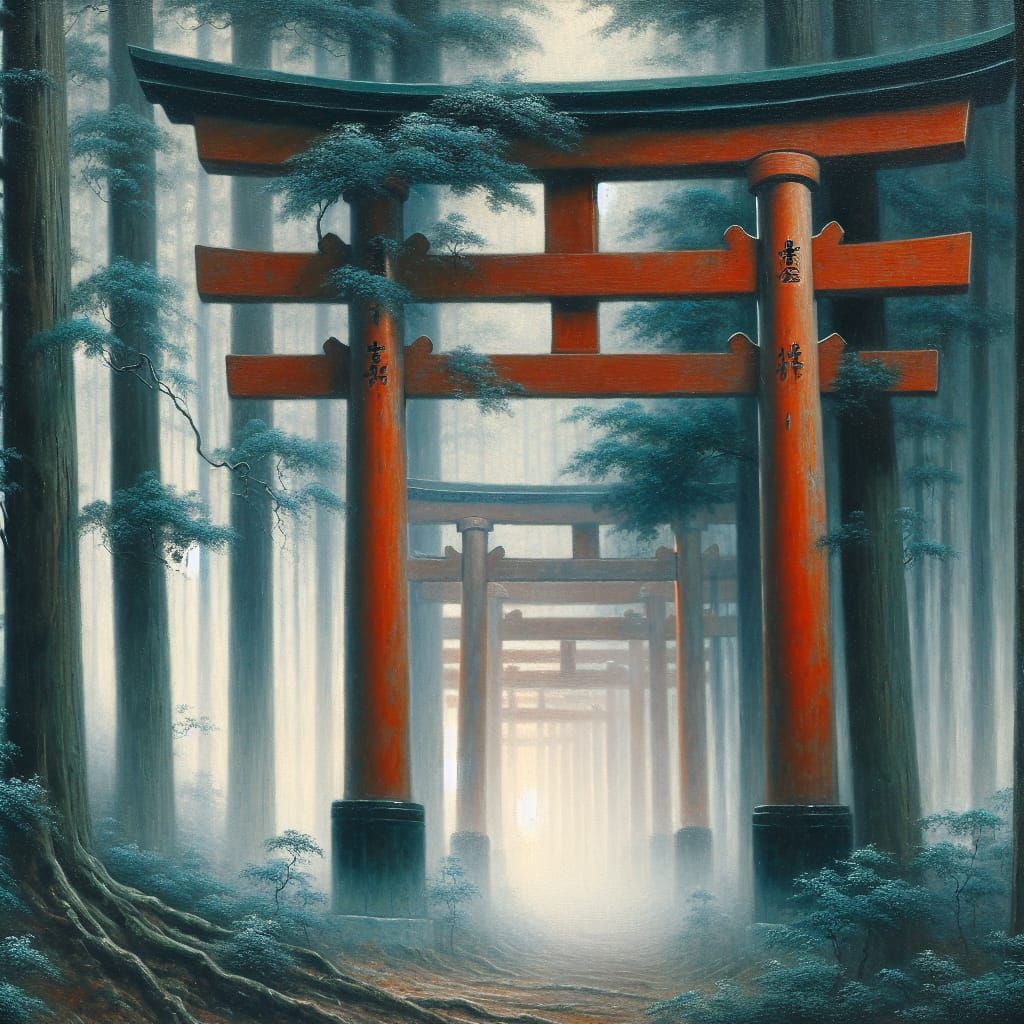 Torii Gates Disappearing into Foggy Forest Oil Painting