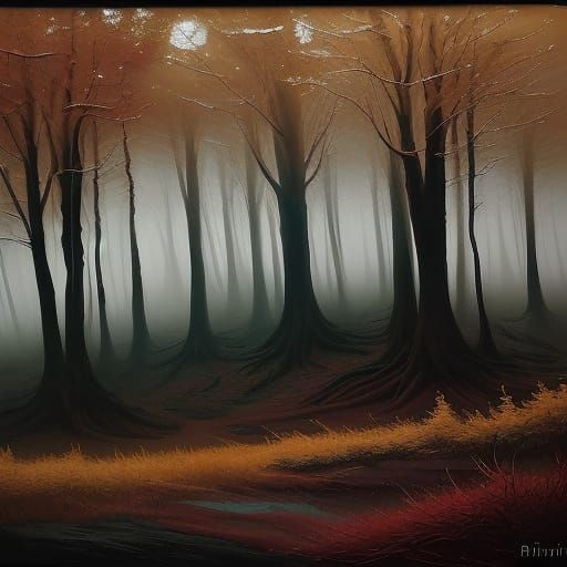 Impressionistic Oil Painting of Aokigahara Forest at Twiligh...