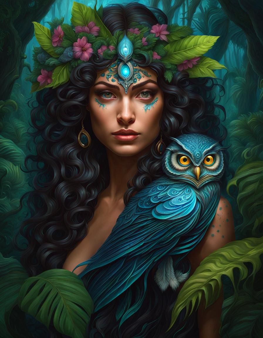 Bioluminescent Owlet Elf in Jungle: Detailed Oil Painting