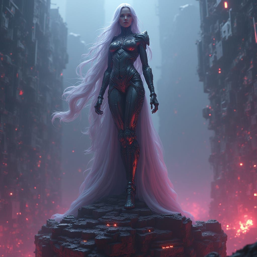 Cyberpunk Goddess on Geometric Battlefield