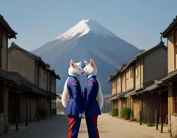 2 identical twin kitsune, wearing identical uniforms. Kissin...