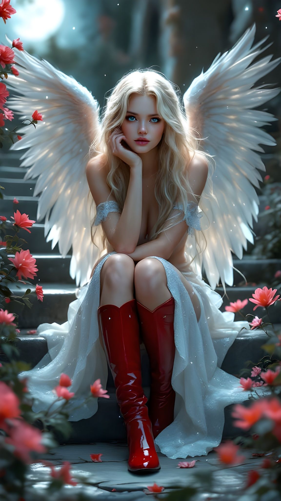 a beautiful pale etheral angel with beautiful eyes, long blonde hair, white sparkling dress and red boots ...  by @Arbarron