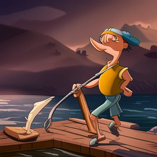 Gerald from "Hey Arnold" throwing a harpoon off a boat, towa...