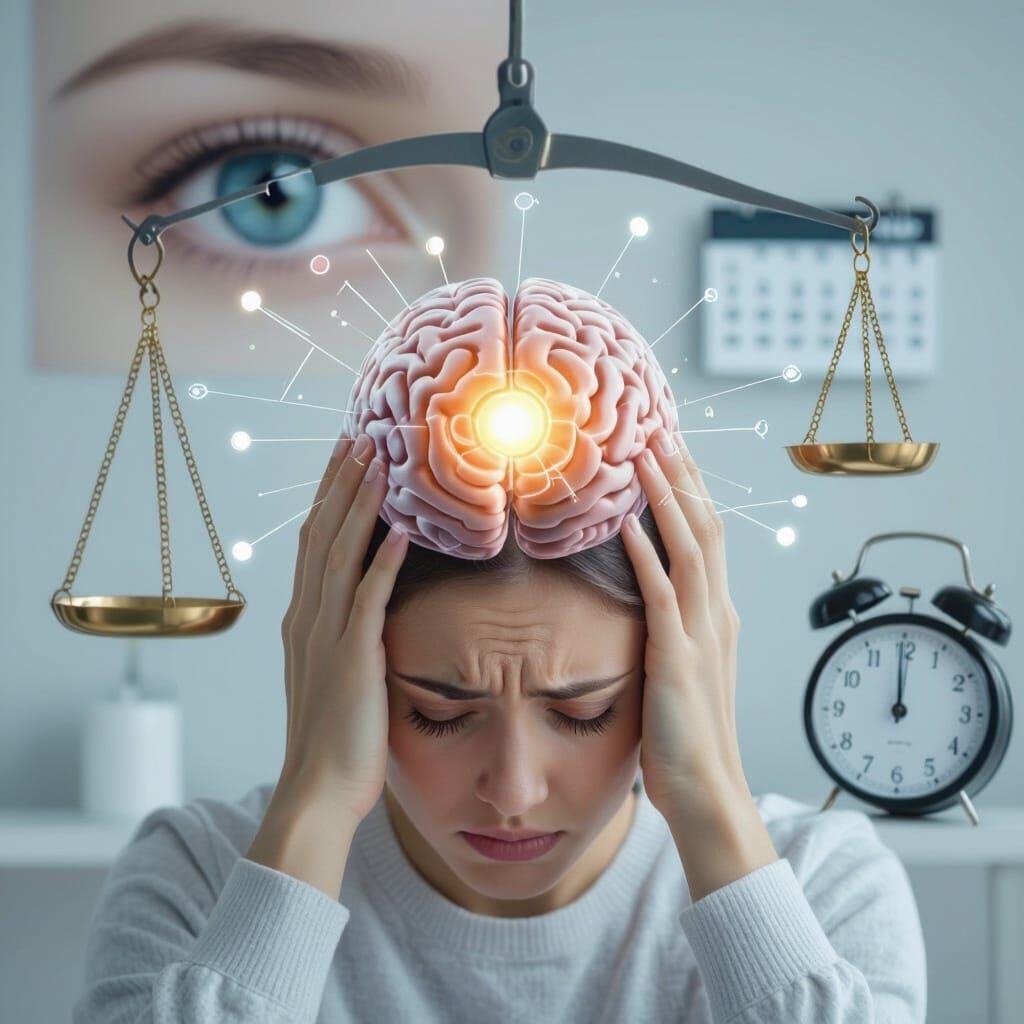 A realistic collage design combining four photos:

A person holding their head with a painful expression (headache).

A human eye with blurr...