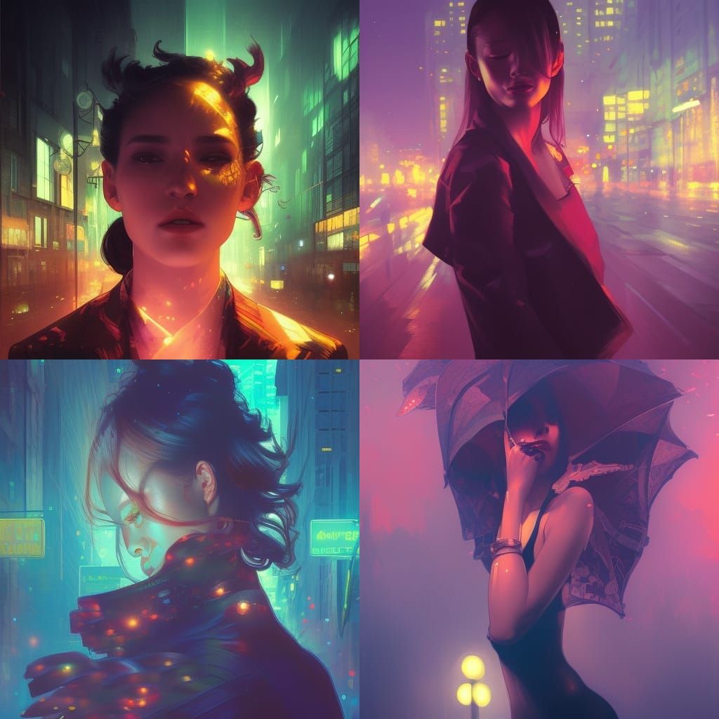 night city is a surreal painting, neon lights and street lam...