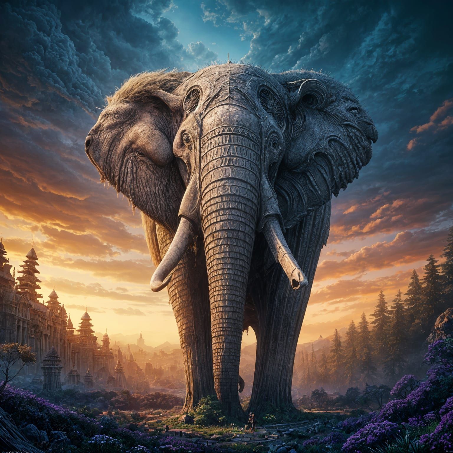 Surreal Fantasy Elephant in Deep Colorful Landscapes